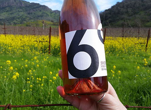 6 Degrees Cellars Rosé pf Pinot bottle with a dormant and mustard-filled vineyard in background