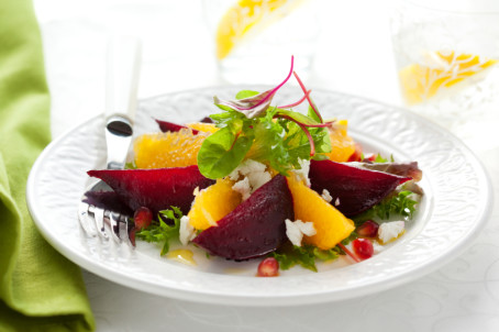 Roasted Beet Salad on a plate in a bright setting